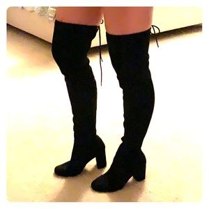 Black faux suede thigh high boots